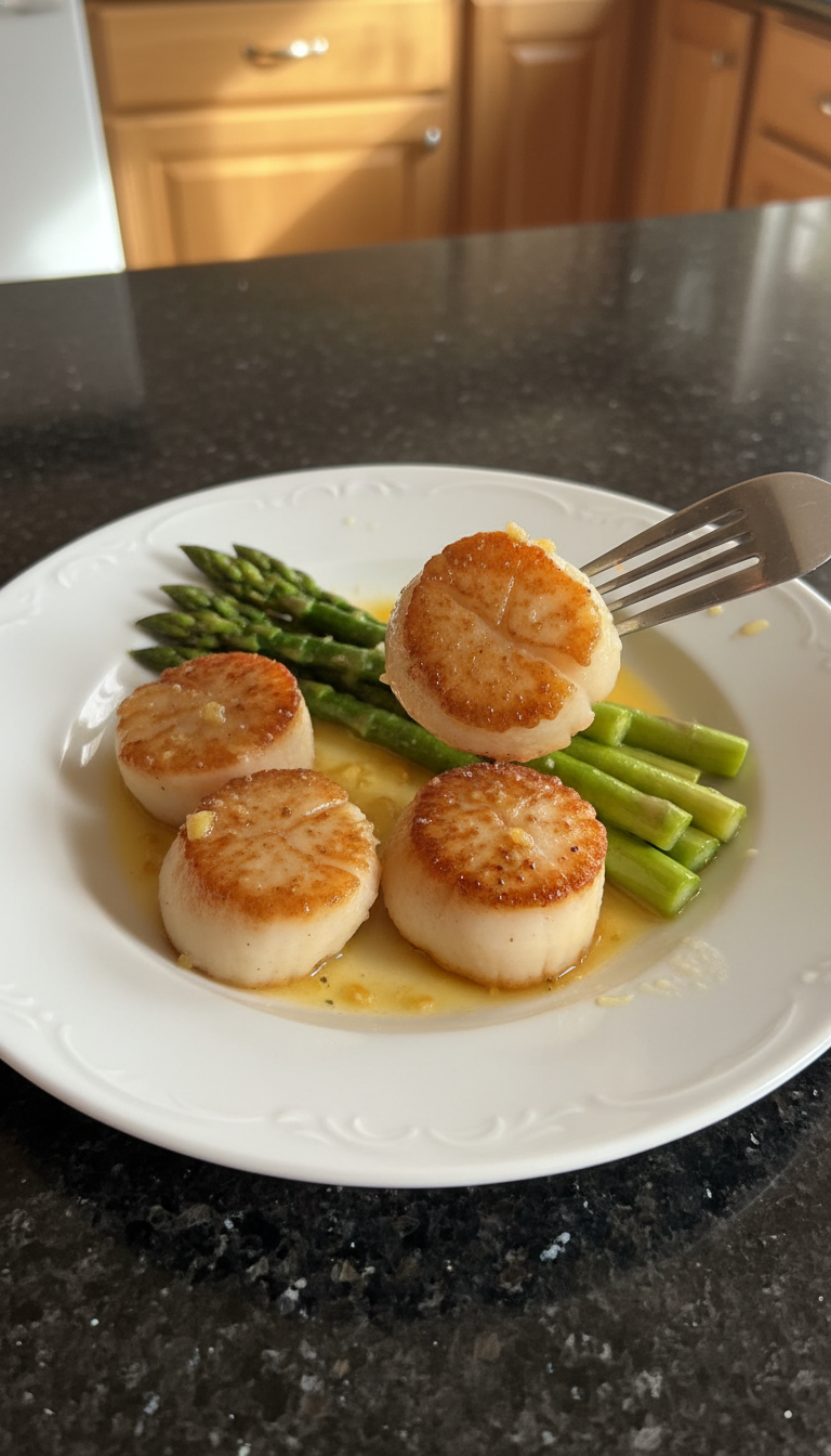 Gebratene Jakobsmuscheln mit Spargel​