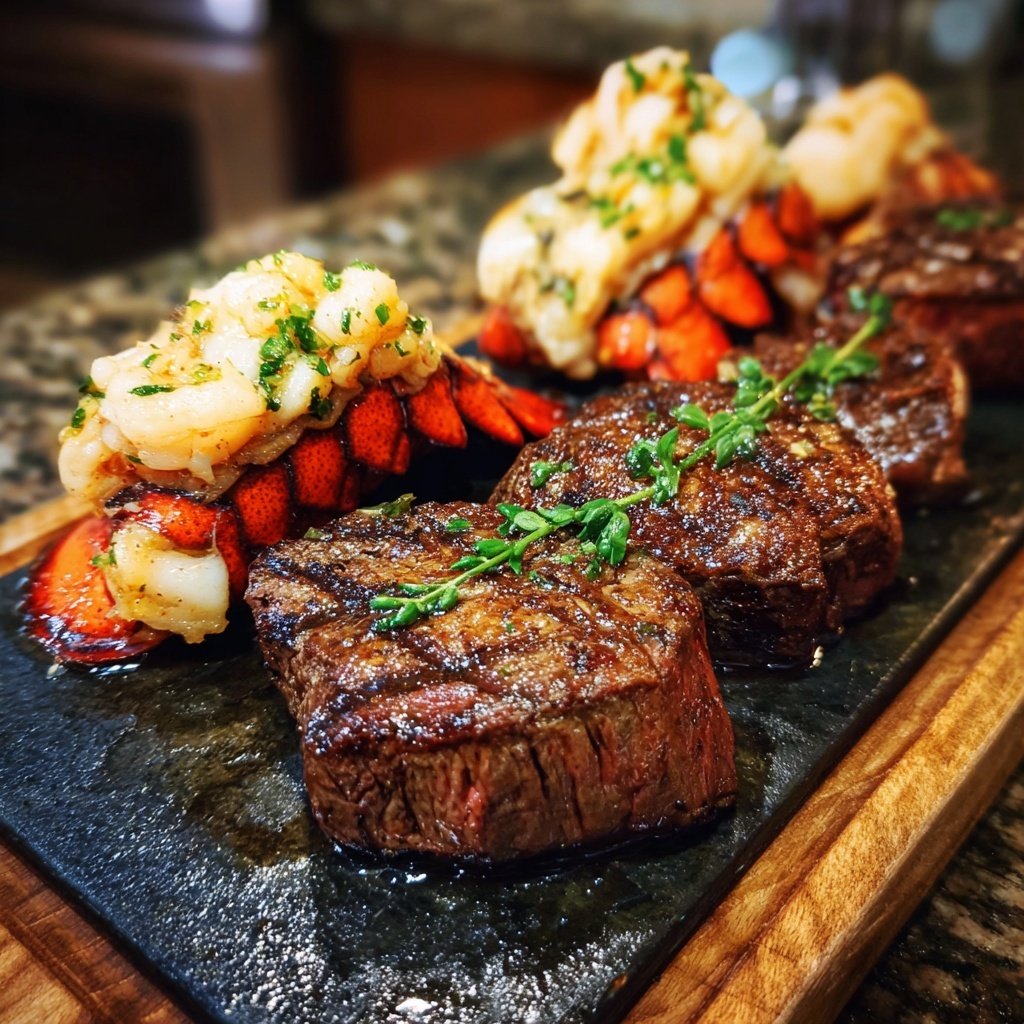 In der Pfanne gebratene Surf and Turf Platte