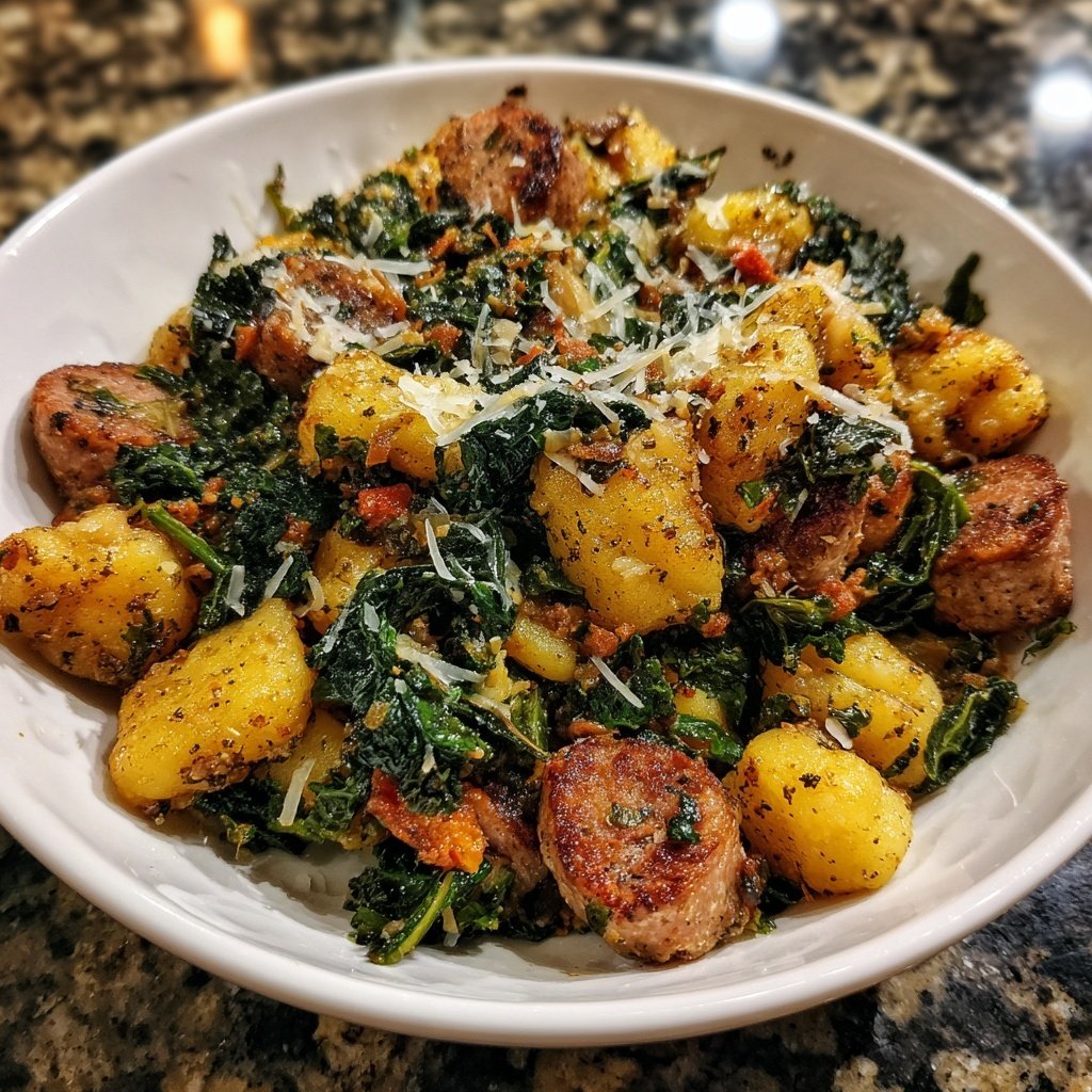 Gebackene Gnocchi mit Grünkohl Wurst