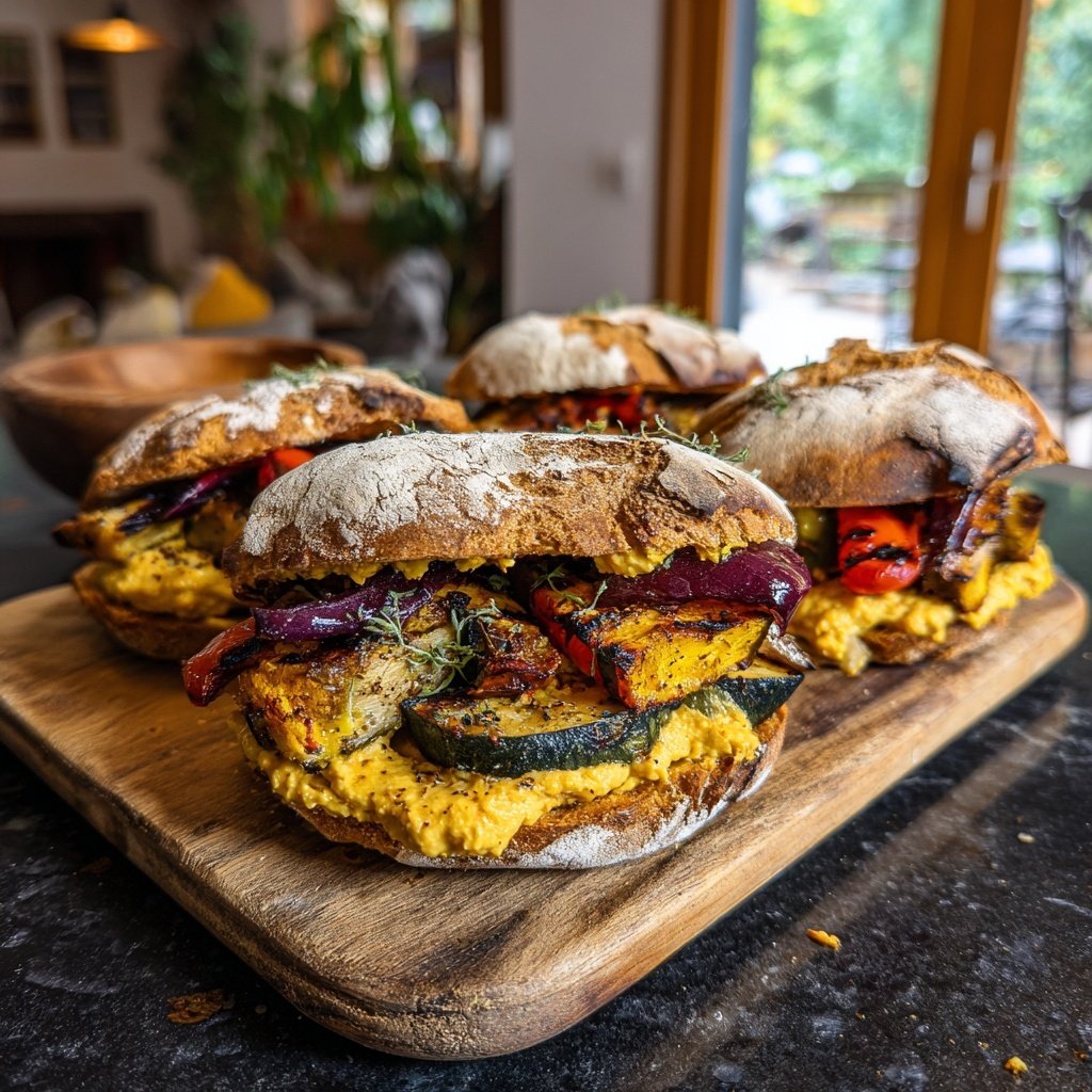 Geröstetes Gemüse und Hummus Sliders